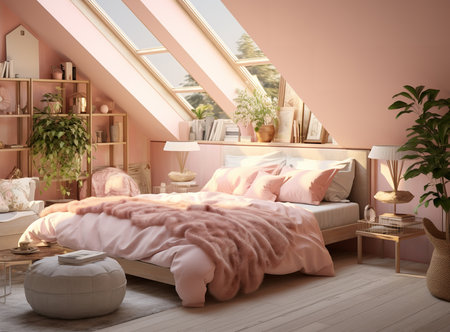 A simple and cozy bedroom with a double bed, a nightstand, and a window with light blue curtains. The bed is made with white sheets and a blue blanket.の素材