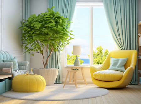 a modern bedroom with a red accent wall, a large window, and a bed with white and orange linens. The room is decorated with a nightstand, lamps, and plants. The floor is wooden and there is a gray area rugの素材