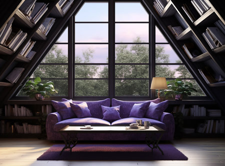 a modern living room with a purple sofa, a coffee table, and a bookshelf. The room has a large window with a view of trees and a purple rug. The bookshelf is built into the wall and has a unique shape. The room is well-lit and has a cozy atmosphere.の素材