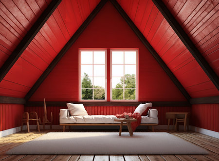 a 3D rendering of a cozy attic living room with a red wooden ceiling and walls. The room has a white sofa, wooden coffee table, and two wooden chairs. The window has a view of trees and sky.の素材