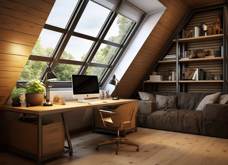 a modern home office with a wooden desk, a computer, and a bookshelf. The room has a large window with a view of trees and natural light. The furniture is contemporary and the color scheme is neutral.の素材