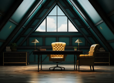 a luxurious and elegant home office with a dark wooden desk, a yellow leather armchair, and two brass lamps. The room has a high ceiling with a triangular window that lets in natural light.の素材