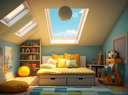 Bright and airy bedroom with white bed, skylights, and rug on wooden floor. The bed is neatly made with white sheets and pillows, and there is a lamp on the nightstand.の素材
