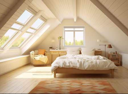 tranquil bedroom features a white bed with a matching comforter and pillows, a wooden nightstand, and a window with a stunning view of a lush forest.の素材