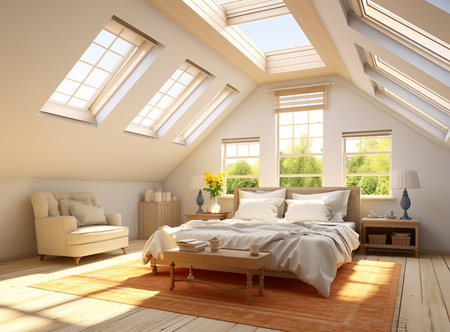 Well-lit bedroom with a neatly made bed, a wooden chair, and skylights that provide natural light. The room is clean and tidy, with a simple but elegant design.の素材