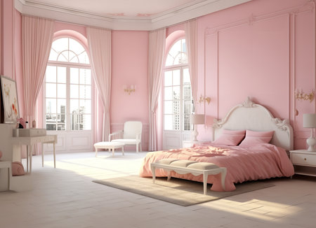 Bedroom with white walls, pink bed, white dresser, and white chair, all situated under a windowの素材