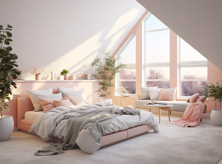 cozy bedroom features a pink bed with a matching comforter and pillows, a chair with a fluffy ottoman, a light pink rug, and a painting of flowers on the wall.の素材