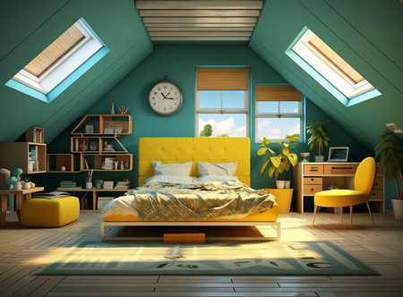 Cozy bedroom with yellow bed, nightstand, clock, and skylights. The bed is made with yellow sheets and pillows, and there is a lamp on the nightstand. The clock is on the wall above the bed.の素材