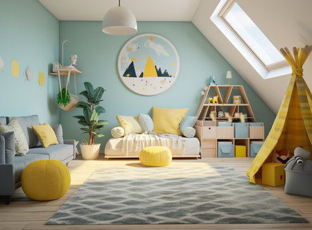 bright and cheerful bedroom features a yellow bed with a white comforter and pillows, a blue rug on the floor, and a white nightstand with a lampの素材