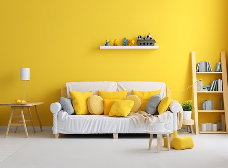 Cheerful living room with yellow wall, white couch, and wooden shelf. The couch is covered in yellow pillows and has a white cover. The shelf is made of wood and has a variety of books, plants, and other decorative items on it.の素材