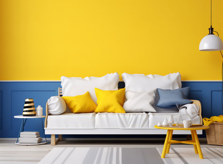 Bright and airy living room with yellow walls, white couch, wooden coffee table, and rug. The couch is covered in throw pillows in different shades of yellow, blue, and green. The coffee table has a glass top and is decorated with a vase of flowers and a stack of books.の素材