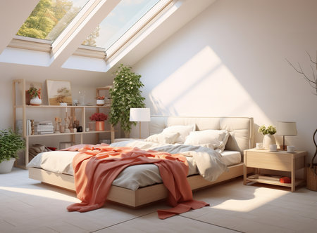 Charming rustic bedroom in Depok, Indonesia with wooden bed, shelves, and skylights. The bed is made with white sheets and a brown comforterの素材