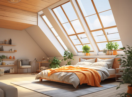Inviting bedroom with a bed, chair, and plants. The bed is made with a white duvet and pillows, and there is a rug on the floor. The plants are green and thriving, adding a touch of nature to the space.の素材