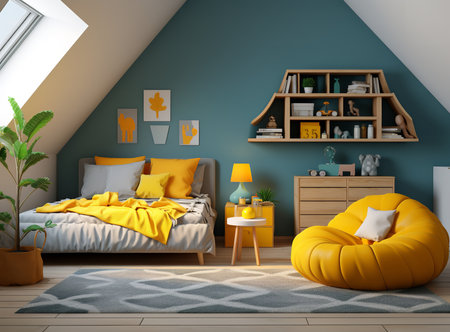 Serene bedroom with white bed, nightstand, lamp, and rug. The bed is neatly made with white sheets and pillows. The nightstand is made of wood and has a lamp and a book on it.の素材