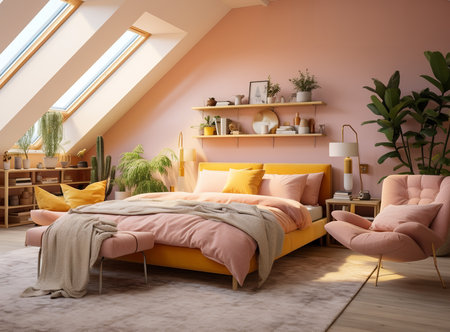 tidy bedroom features a bed with a white comforter and pillows, a chair, shelves with plants and books, and a rug on the floor.の素材