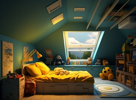 Bright and airy bedroom with white bed, skylights, and rug on wooden floor. The bed is neatly made with white sheets and pillows, and there is a lamp on the nightstand.の素材