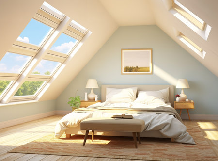 Cozy attic bedroom with bed, lamps, skylights, and a picture on the wall. The bed is made and the skylights provide natural light, making the room feel bright and airy.の素材