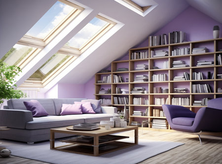 A spacious living room with a brown couch, a wooden coffee table, and a large TV. The room is decorated in a modern style with pops of color, such as the blue pillows on the couch and the pink throw blanket on the chair.の素材