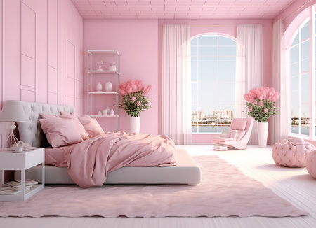 bedroom has a cozy and inviting atmosphere, with soft pink walls and a plush white bed. A fluffy rug adds to the comfort, and a white nightstand provides a place to set down a book or lamp.の素材
