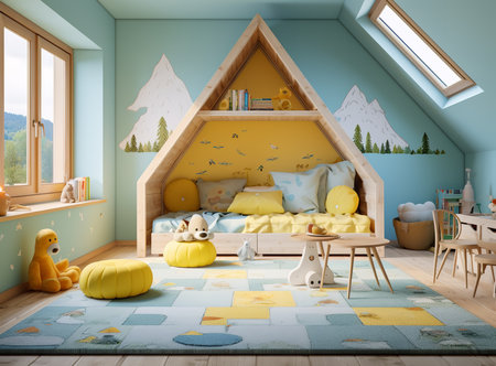 A cozy child's bedroom with a wooden house-shaped bed, a blue rug, and a variety of toys. The bed is made with a white comforter and pillows, and the room is decorated with a variety of stuffed animalsの素材