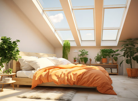 bedroom features a cozy bed with soft white sheets and a matching headboard. A fluffy rug adds to the comfort, while a skylight provides natural light and makes the room feel bright and airy.の素材