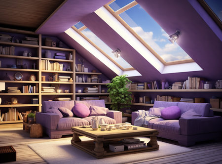 Modern living room with purple couch, wooden coffee table, bookshelf, and skylights. The room is well-lit and has a spacious feel.の素材