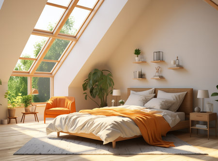 Cozy bedroom with a bed and a chair by the window. The bed is made with a soft blanket and pillows, and the chair is next to a lamp and a small table. The window is open, letting in natural light and a view of the outside world.の素材