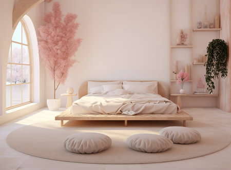 Unique bedroom with a raised bed. The bed is accessed by a ladder and is surrounded by a built-in railing. There is a window behind the bed, letting in plenty of natural light.の素材