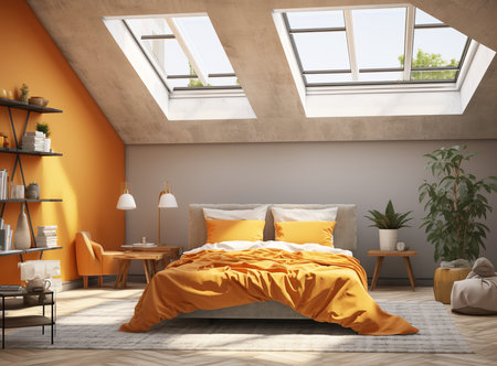 bedroom with a bed, shelves, and plants. The bed is made with a white duvet and pillows, and there is a rug on the floor. The shelves are filled with books and other decorative items, and the plants add a touch of nature to the space.の素材