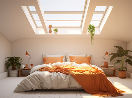 bedroom is a perfect oasis for relaxation and tranquility. The white bed and dresser create a clean and airy atmosphere, while the skylight lets in plenty of natural light.の素材