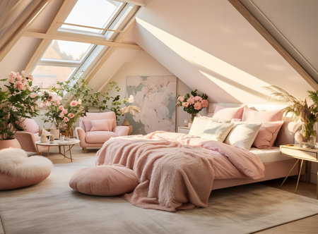 A cozy bedroom with a pink bed, chair, rug, and painting of flowers on the wall. The bed is made up with a pink comforter and pillows, and the chair is made up with a pink ottomanの素材