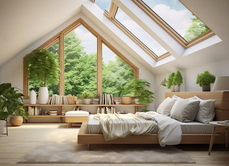 bedroom with a bed, floating nightstand, and hanging chair. The bed is made with a white duvet and pillows, and the floating nightstand is suspended in the air by a thin cable.の素材