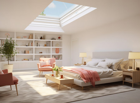 Cozy bedroom with skylight above bed, white walls, and gray bedding. The skylight lets in natural light, making the room feel bright and airy. The gray bedding complements the white wallsの素材