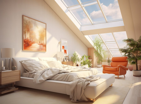 Sleek and modern bedroom with white walls, gray bed, and black chair. Two skylights let in natural light, making the room feel bright and airy.の素材