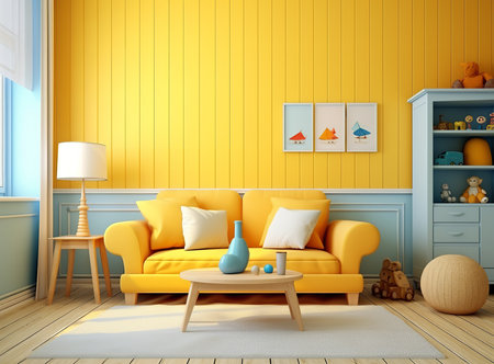 Stylish living room with yellow couch, blue shelf, and coffee table. The couch is made of leather and has a white cushion. The shelf is made of wood and has shelves. The table is made of wood and has a glass top.の素材