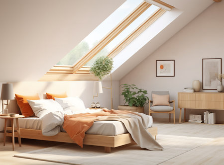 Bright and airy attic bedroom with a bed, plants, and skylights. The bed is made with a white duvet and pillows, and there is a rug on the floor. The plants are green and thriving, and the skylights let in plenty of natural light.の素材