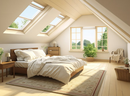 Cozy attic bedroom with white bed, skylights, rug, and picture on wall. Bed is made and skylights provide natural light, making room feel bright and airy.の素材