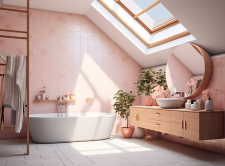 A modern white bathroom with a freestanding bathtub, double sinks, and skylight. The freestanding bathtub is the centerpiece of the room, and it is placed in front of a window.の素材