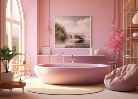 Glamorous pink bathroom with a luxurious bathtub and a painting of a waterfall on the wall. The bathtub is filled with water and there is a chair next to it, inviting the viewer to relax and unwind.の素材