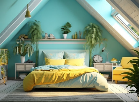 A charming attic office with a computer, couch, and bookshelves, decorated with pictures, plants, and exposed beams. The computer is sitting on a desk in the corner of the atticの素材
