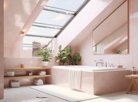 A rustic bathroom with a clawfoot bathtub, exposed beams, and natural light streaming in from the skylight. The clawfoot bathtub is the centerpiece of the roomの素材