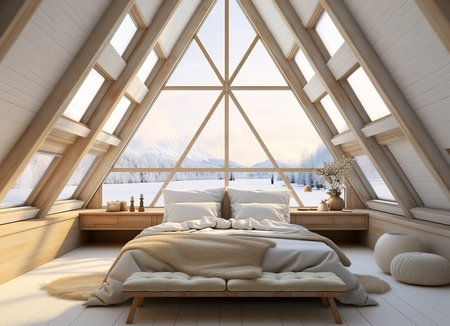 Cozy attic bedroom with a large window overlooking a snowy mountain landscape. The bed is made and there is a blanket on top, inviting the viewer to snuggle in and enjoy the view.の素材