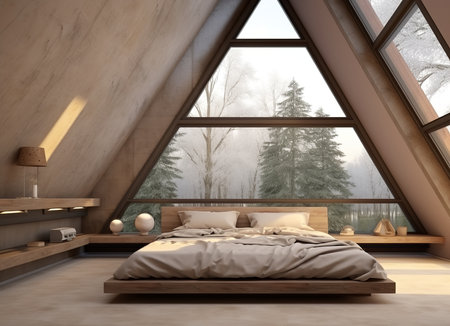 A cozy bedroom with a triangular ceiling, bed, and large window overlooking a snow-covered forest. The bed is made and there is a blanket on top, inviting the viewer to snuggle in and enjoy the view.の素材