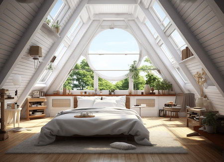Cozy attic bedroom with a large round window offering a view of the trees outside. The bed is made and there is a rug on the floor, adding to the warm and inviting atmosphere of the roomの素材