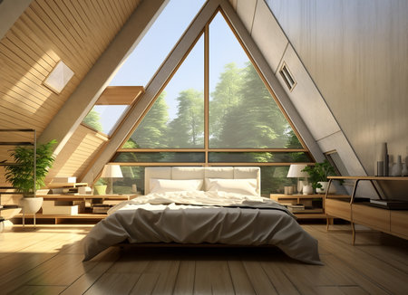 Modern bedroom with a large window offering a stunning view of the city skyline. The bed is made and there is a dresser against the wallの素材