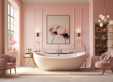 Elegant bathroom with a luxurious bathtub, chairs, and a painting of flowers on the wall. The bathtub is filled with water and there is a towel on the edge, inviting the viewer to take a relaxing soak.の素材