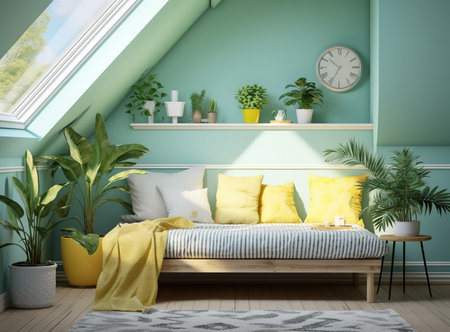 A bright and airy living room with a cream-colored couch, wooden coffee table, and potted plants. The couch is placed in the center of the roomの素材