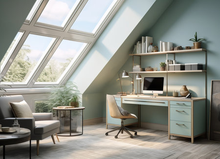 a modern home office with a desk, computer, and shelves. The room is decorated with plants and has a large window with a view of trees. The color scheme is blue and white with wooden accents. The furniture is contemporary and the room is well-lit.の素材