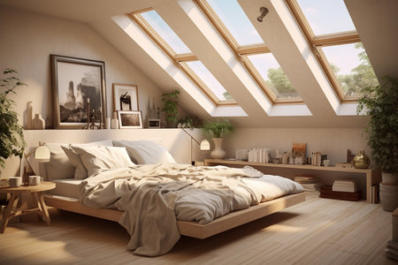 bedroom with a large bed, dresser, and rug, lit by a skylight. Decorated in a neutral color palette with white walls and light wood furniture. The large bed provides a comfortable place to relax and unwindの素材