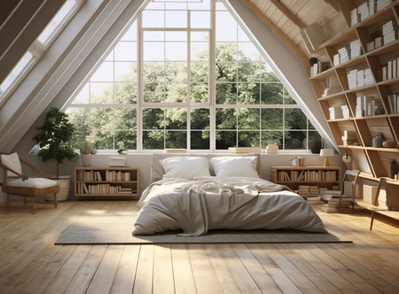 Inviting rustic attic bedroom with a bed, dresser, nightstand, rug, plants, and artwork. The room is decorated in a neutral color palette with exposed wood beams, white walls, and a light wood floor.の素材